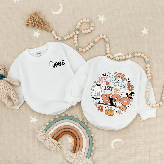 Personalized My 1st Boo Romper: Spooky Cute Halloween Outfit for Baby, Toddler or Infant – Ghost, Cat & Pumpkin Groovy First Halloween Costume (138 chars)