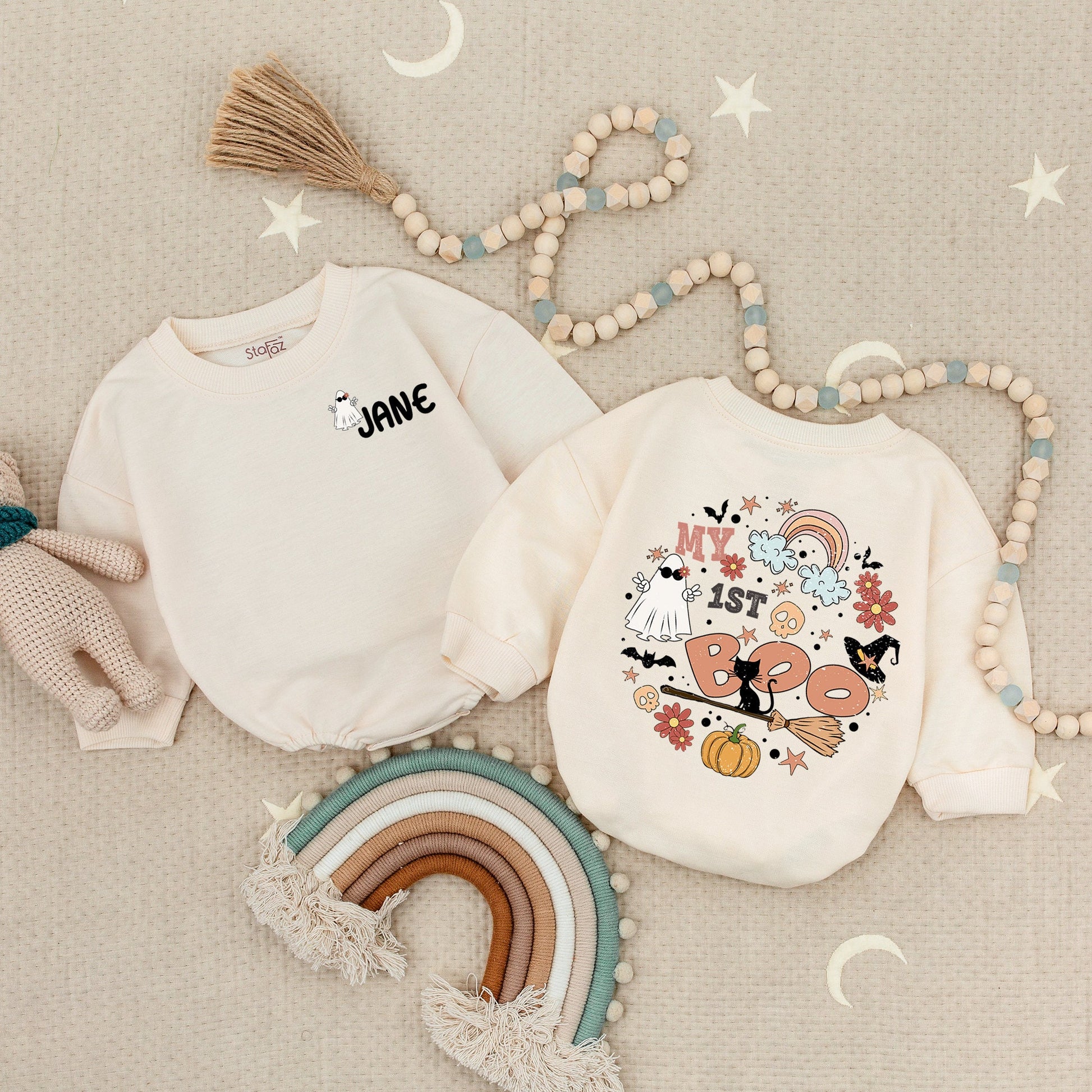 First Halloween Personalized Baby Romper – Ghost, Pumpkin & Cat  