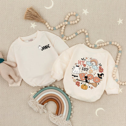Personalized My 1st Boo Romper: Spooky Cute Halloween Outfit for Baby, Toddler or Infant – Ghost, Cat & Pumpkin Groovy First Halloween Costume (138 chars)