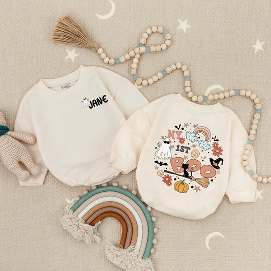 Personalized My 1st Boo Romper: Spooky Cute Halloween Outfit for Baby, Toddler or Infant – Ghost, Cat & Pumpkin Groovy First Halloween Costume (138 chars)