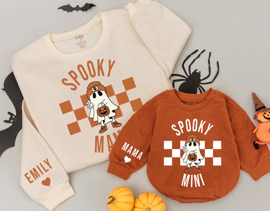 Spooky Mama and Mini Ghost Sweatshirts Matching Family Halloween Outfits Cute Pumpkin Design Comfy Fall Sweaters for Mom Halloween Gifts 1st Boo Season