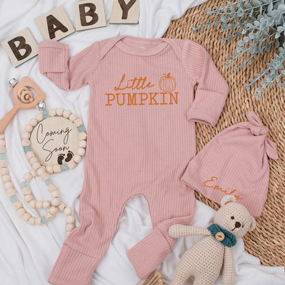 Little Pumpkin Baby Bodysuit & Hat Set Custom Emily Name Cute Fall Outfit Newborn Baby Shower Gift Long Sleeve