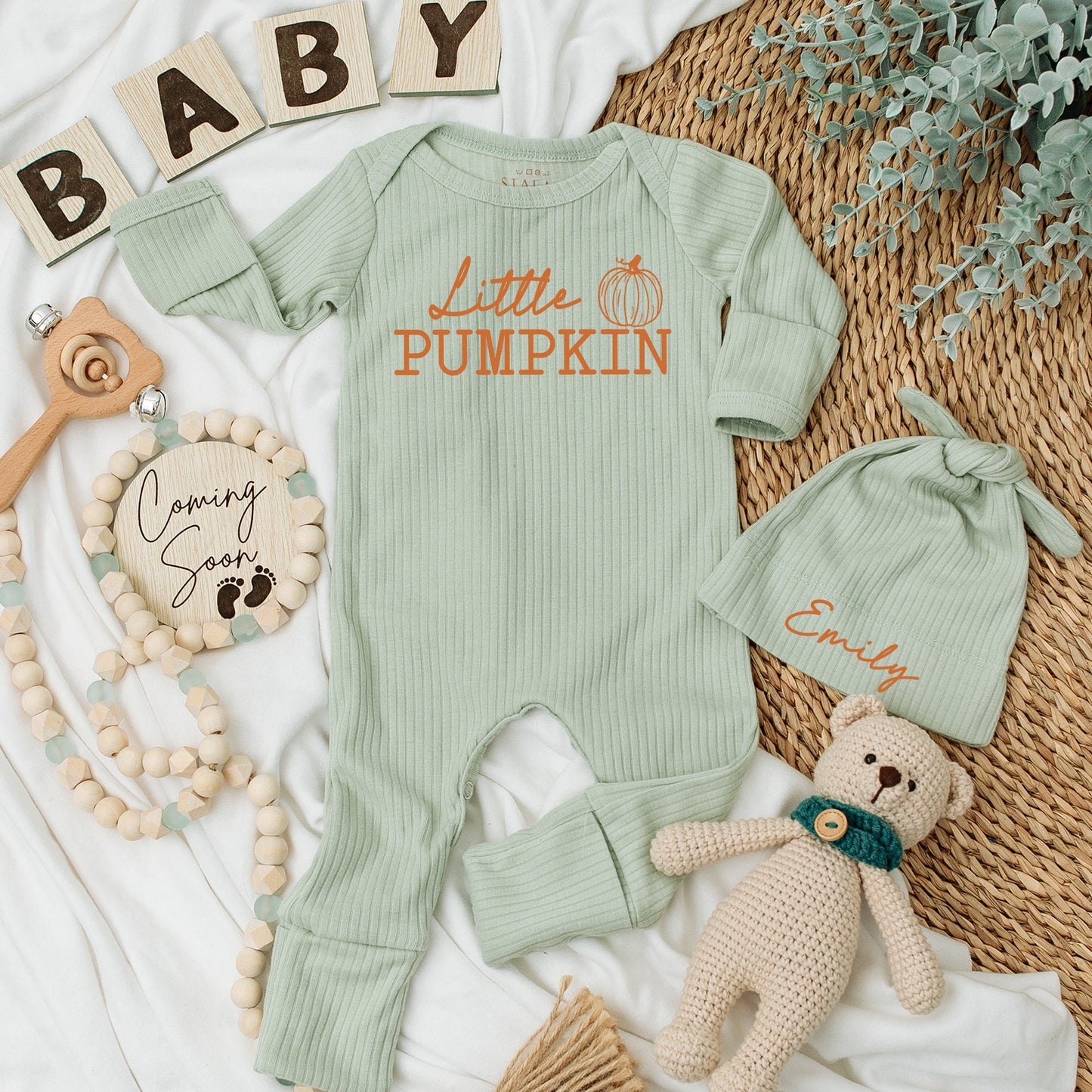 Little Pumpkin Baby Bodysuit & Hat Set Custom Emily Name Cute Fall Outfit Newborn Baby Shower Gift Long Sleeve