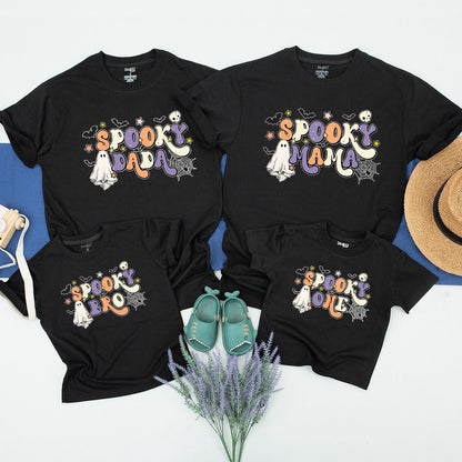 Spooky One Birthday Halloween T-Shirt Mommy and Me Matching Family Outfits Retro Ghost Bat Design