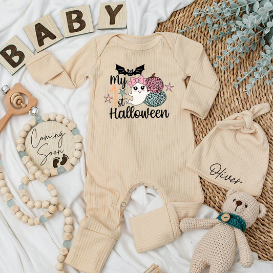 My 1st Halloween Baby Bodysuit & Hat Set Cute Bat Ghost Pumpkins Newborn Girl Baby Shower Gift Long Sleeve Announcement Outfit