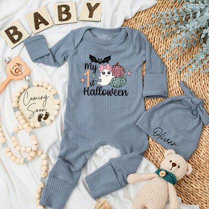 My 1st Halloween Baby Bodysuit & Hat Set Cute Bat Ghost Pumpkins Newborn Girl Baby Shower Gift Long Sleeve Announcement Outfit