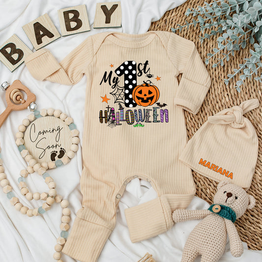 My 1st Halloween Baby Bodysuit & Hat Set - Newborn Outfit & Baby Shower Gift! Pumpkin, Spiderweb Design, Long Sleeve Baby Announcement