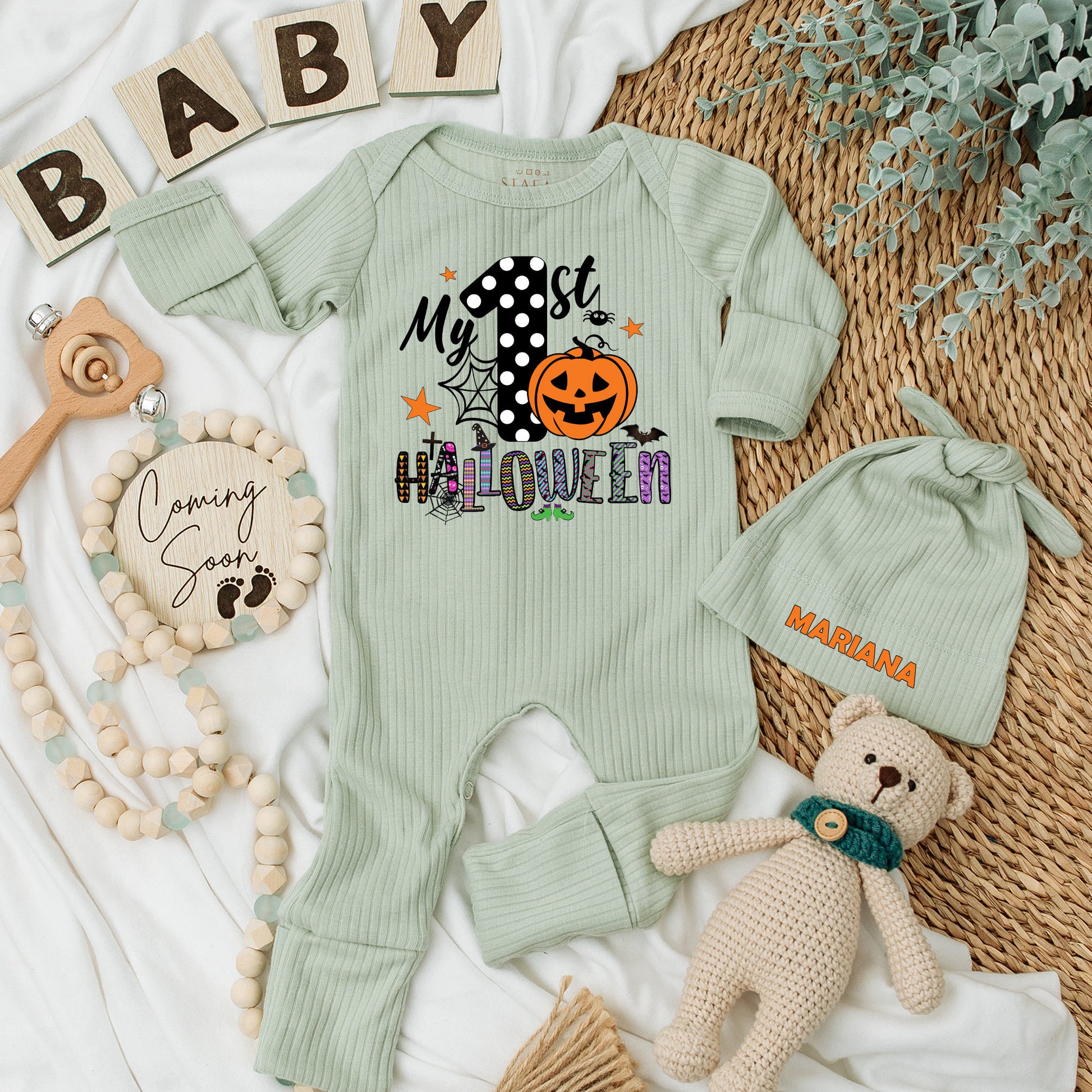My 1st Halloween Baby Bodysuit & Hat Set - Newborn Outfit & Baby Shower Gift! Pumpkin, Spiderweb Design, Long Sleeve Baby Announcement