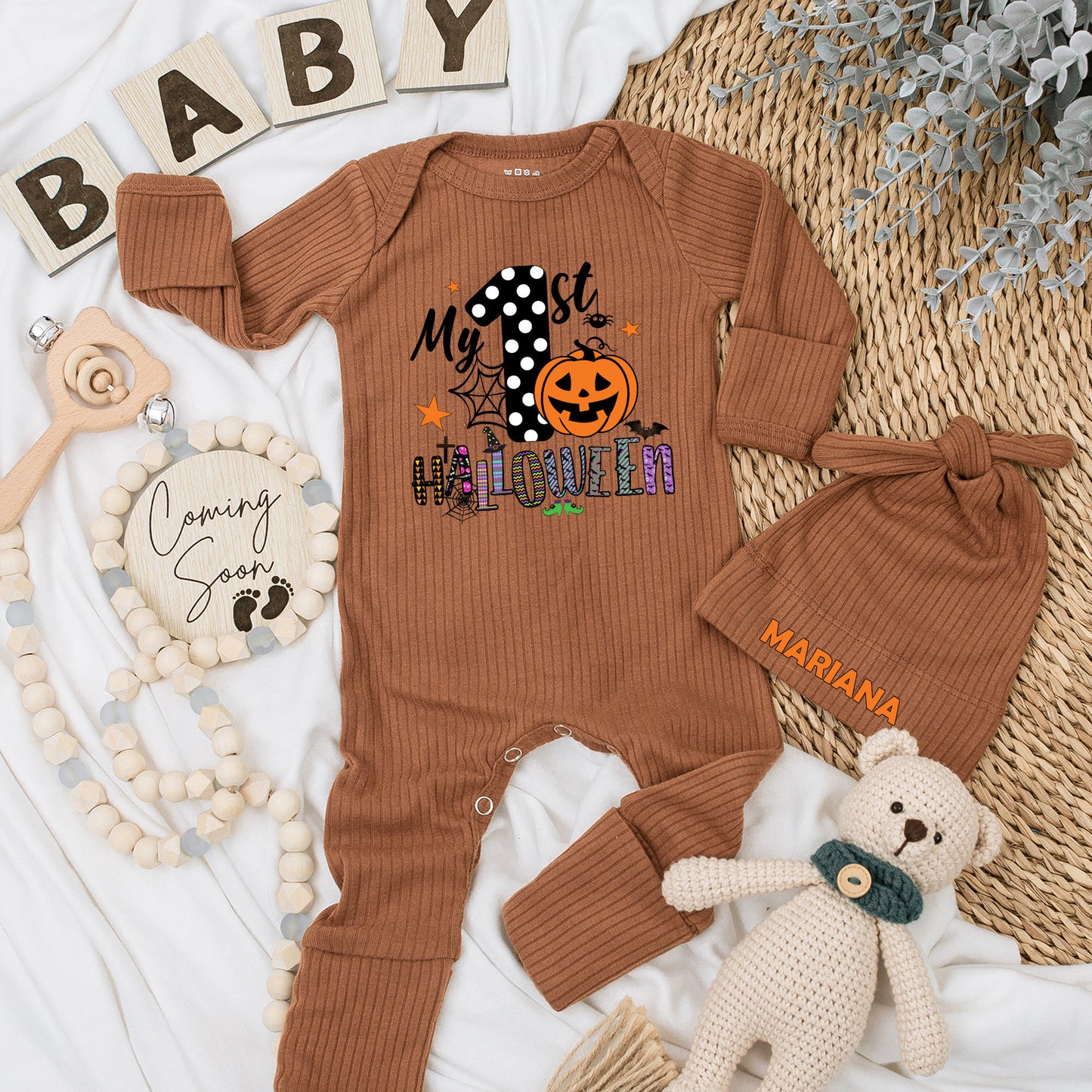 My 1st Halloween Baby Bodysuit & Hat Set - Newborn Outfit & Baby Shower Gift! Pumpkin, Spiderweb Design, Long Sleeve Baby Announcement