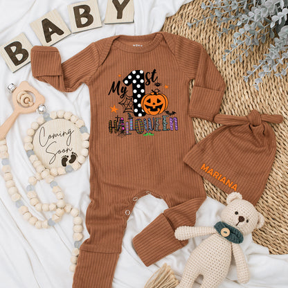 My 1st Halloween Baby Bodysuit & Hat Set - Newborn Outfit & Baby Shower Gift! Pumpkin, Spiderweb Design, Long Sleeve Baby Announcement