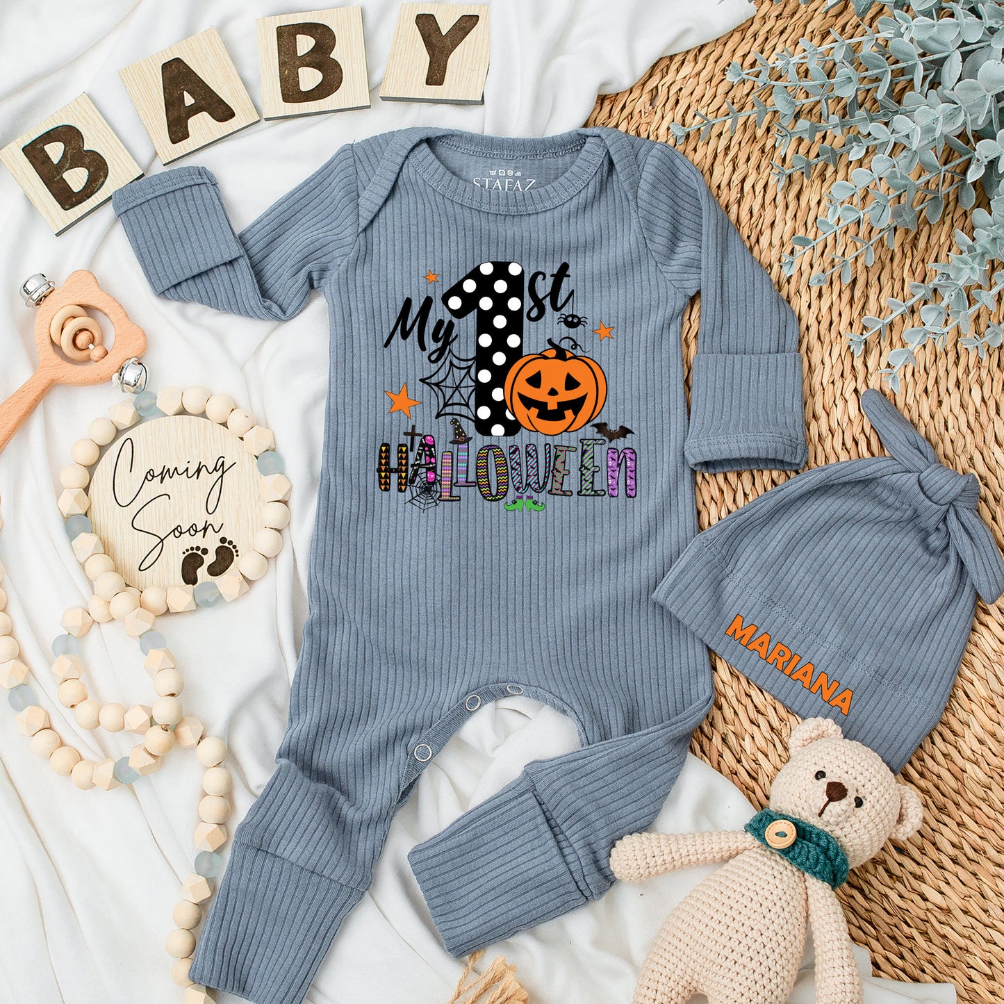 My 1st Halloween Baby Bodysuit & Hat Set - Newborn Outfit & Baby Shower Gift! Pumpkin, Spiderweb Design, Long Sleeve Baby Announcement