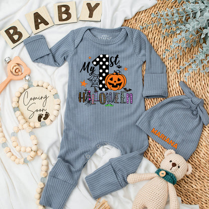 My 1st Halloween Baby Bodysuit & Hat Set - Newborn Outfit & Baby Shower Gift! Pumpkin, Spiderweb Design, Long Sleeve Baby Announcement