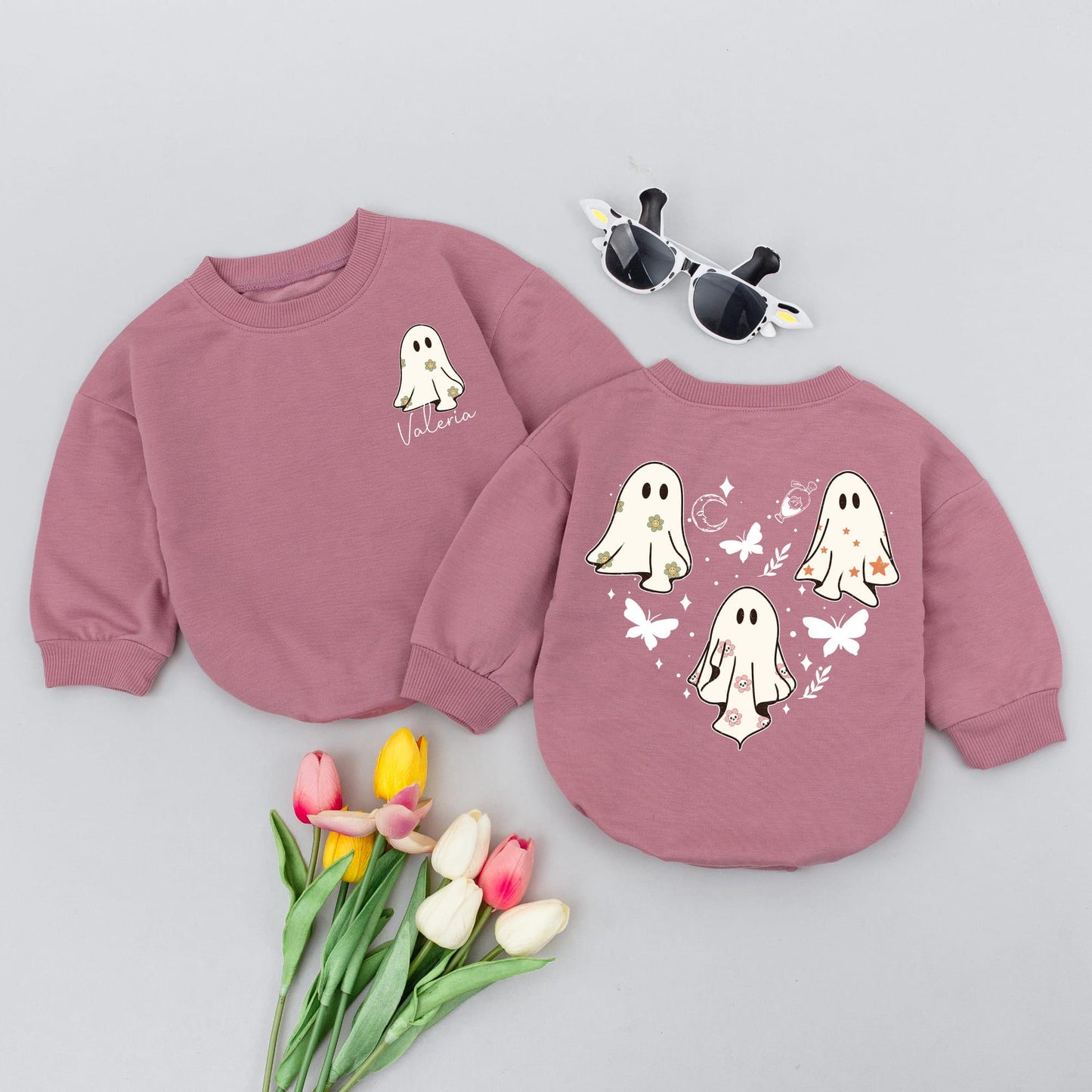 Whimsical Halloween Baby Romper: Cute Ghost Outfit with Personalized Valeria Name, Stars & Moon. Soft Cotton Newborn Clothes, Fall Gift, Party Outfit (139 chars)