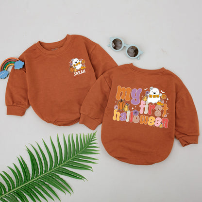 Personalized My First Halloween Romper Baby Girl Cute Retro Ghost Pumpkin Design Whimsical Newborn Bodysuit Spooky Season Gift