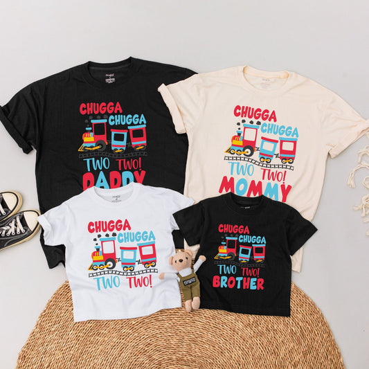 Chugga Chugga Two Two Train Birthday Shirts for Family Matching Outfits 2nd Birthday Toddler Boy Mommy And Me I'm Two Tshirt