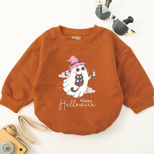 Happy Halloween Baby Romper Cute Ghost & Witch Hat Toddler Bodysuit Soft Whimsical Infant Halloween Outfit Newborn Ghost Clothes