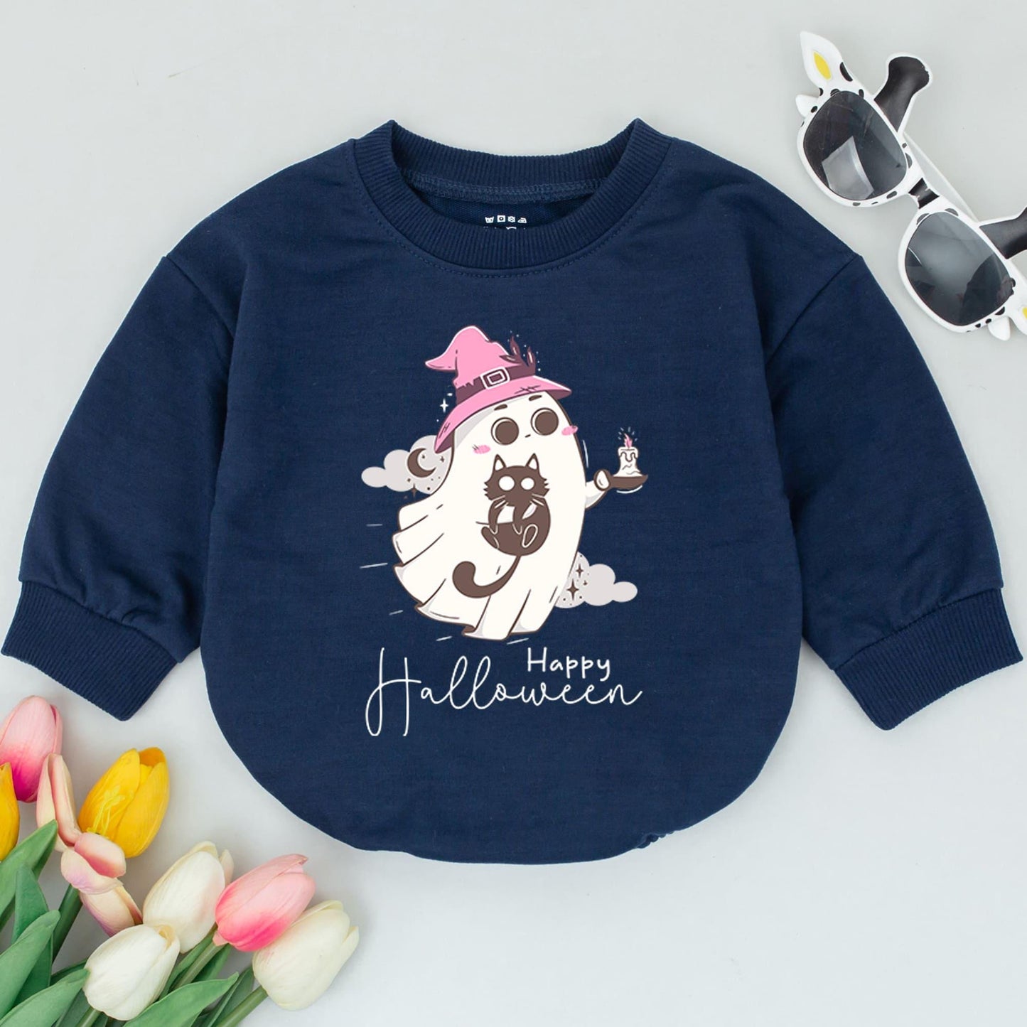 Happy Halloween Baby Romper Cute Ghost & Witch Hat Toddler Bodysuit Soft Whimsical Infant Halloween Outfit Newborn Ghost Clothes