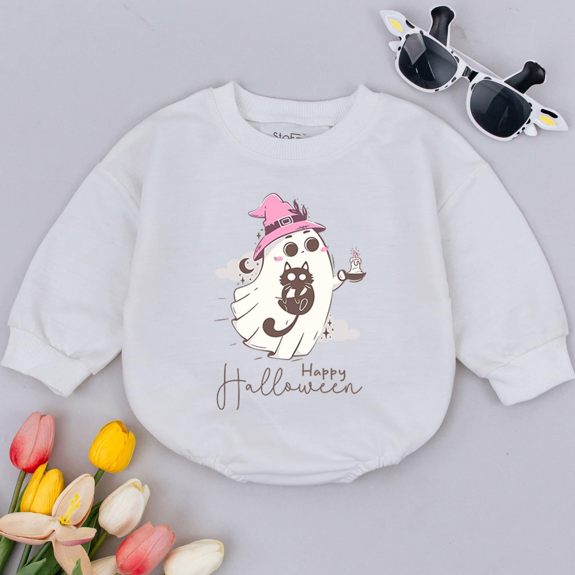 Happy Halloween Baby Romper Cute Ghost & Witch Hat Toddler Bodysuit Soft Whimsical Infant Halloween Outfit Newborn Ghost Clothes
