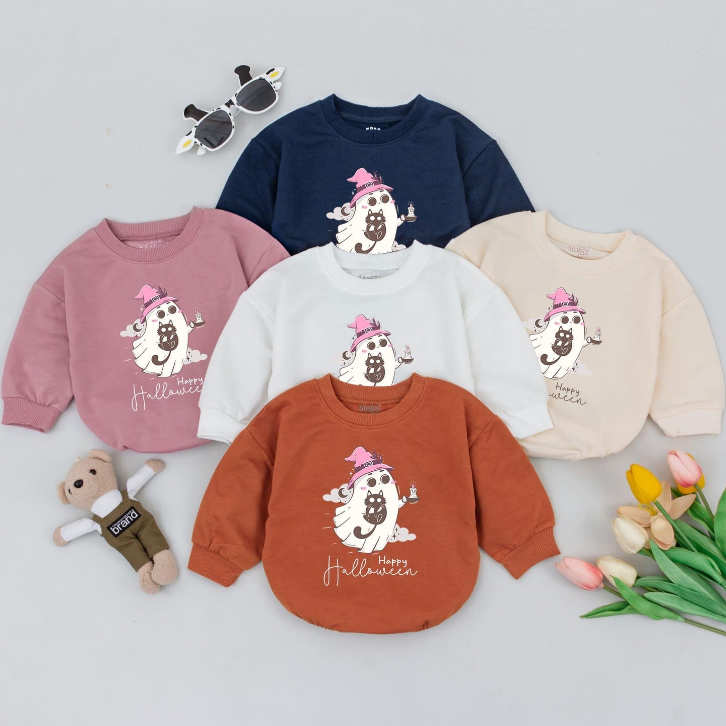 Happy Halloween Baby Romper Cute Ghost & Witch Hat Toddler Bodysuit Soft Whimsical Infant Halloween Outfit Newborn Ghost Clothes