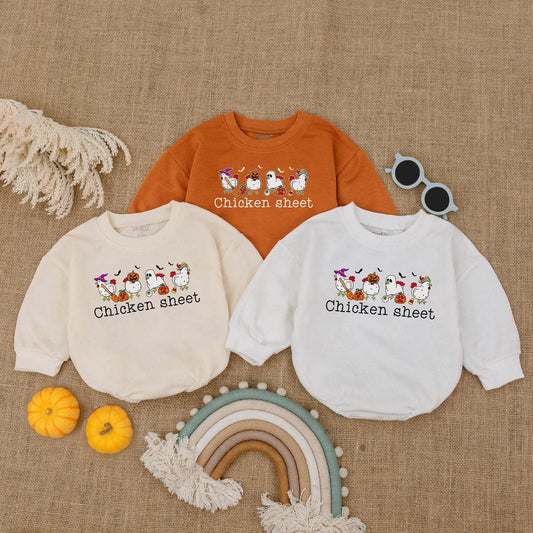 Chicken Sheet Halloween Bubble Romper Baby Outfit: Witch Chickens Design, 1st Halloween Costume, Fall Bodysuit, Newborn Gift, Boy or Girl