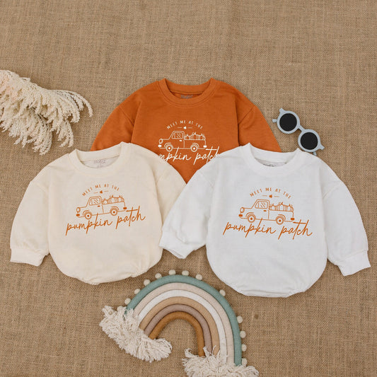 Natural Baby Romper Whimsical Vintage Truck Pumpkin Patch Design, Fall Toddler Bodysuit for Funny Thanksgiving Day Baby Shower Gift