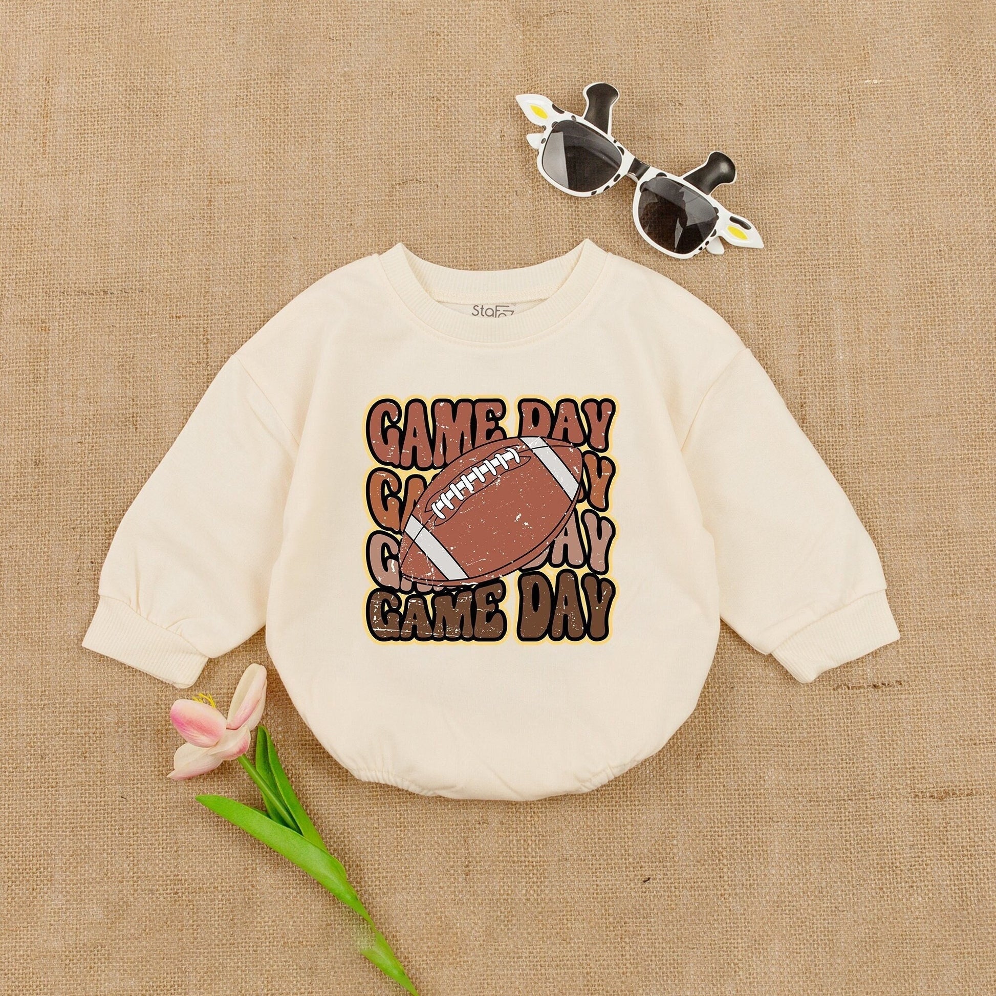 Oversized Gameday Baby Romper with Retro Football Design for Boy Girl, Tan Brown Game Day Outfit, Shower Gift, Super Bowl Jumpsuit