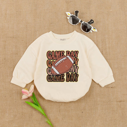 Oversized Gameday Baby Romper with Retro Football Design for Boy Girl, Tan Brown Game Day Outfit, Shower Gift, Super Bowl Jumpsuit