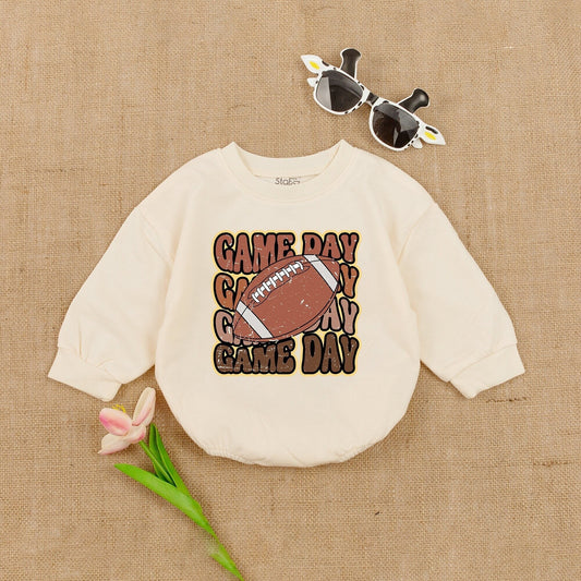 Oversized Gameday Baby Romper with Retro Football Design for Boy Girl, Tan Brown Game Day Outfit, Shower Gift, Super Bowl Jumpsuit