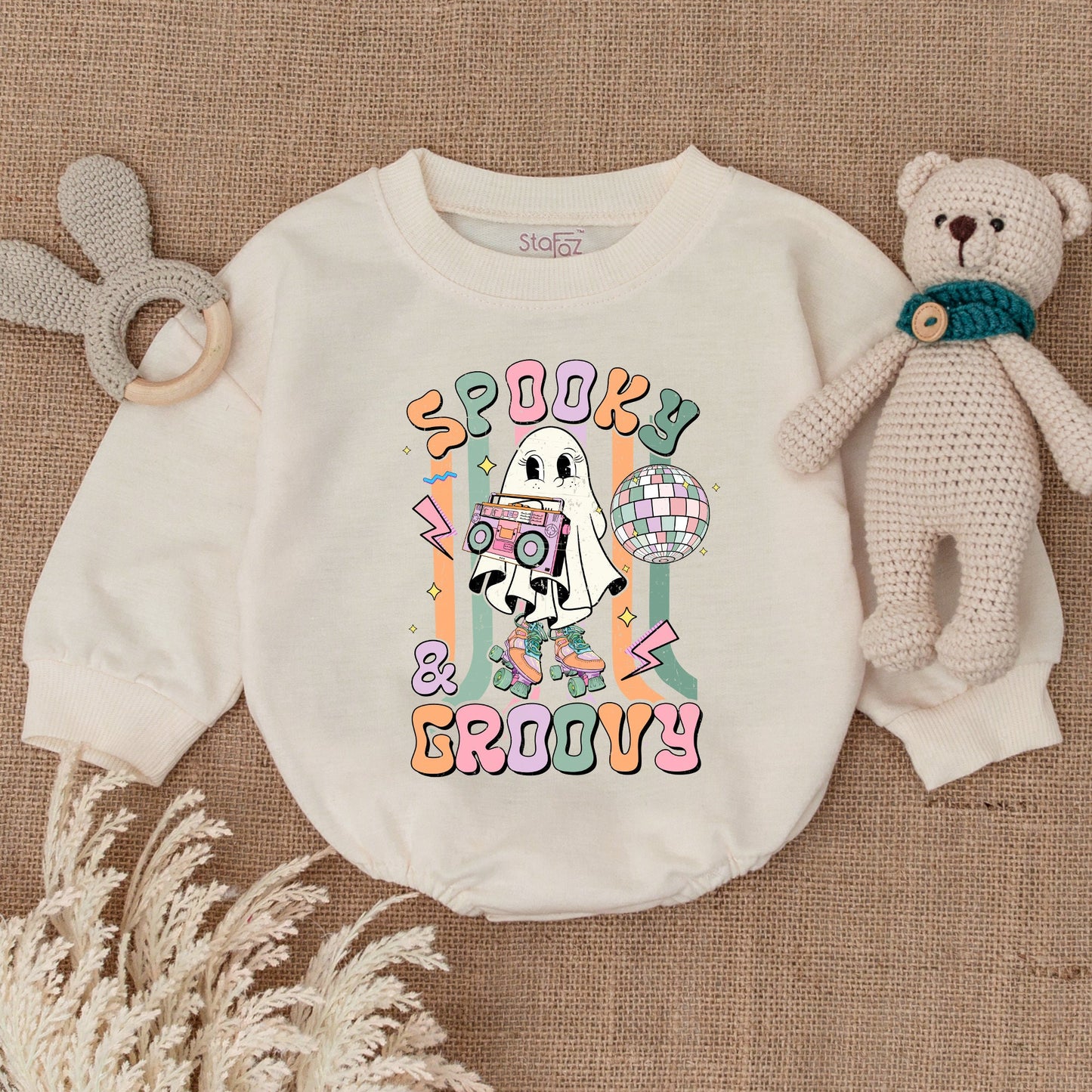 Spooky Groovy Baby Boy Bodysuit My First Halloween Outfit Retro Ghost Roller Skate Boombox Disco Ball Bubble Romper Pastel Vintage Costume