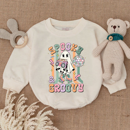 Spooky Groovy Baby Boy Bodysuit My First Halloween Outfit Retro Ghost Roller Skate Boombox Disco Ball Bubble Romper Pastel Vintage Costume