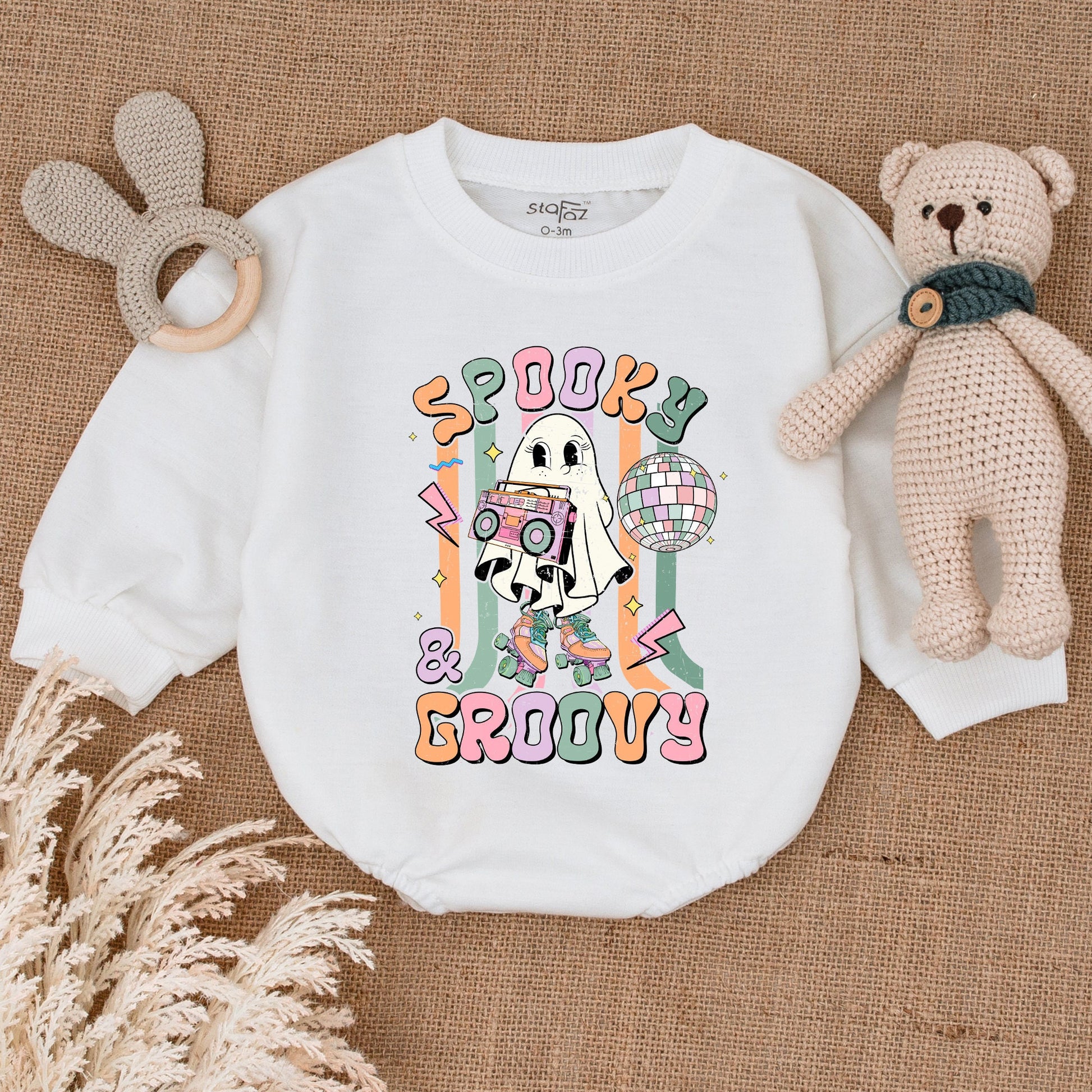 Spooky Groovy Baby Boy Bodysuit My First Halloween Outfit Retro Ghost Roller Skate Boombox Disco Ball Bubble Romper Pastel Vintage Costume