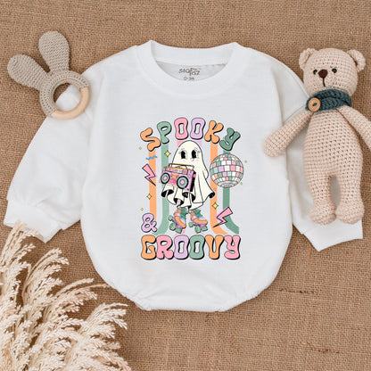 Spooky Groovy Baby Boy Bodysuit My First Halloween Outfit Retro Ghost Roller Skate Boombox Disco Ball Bubble Romper Pastel Vintage Costume