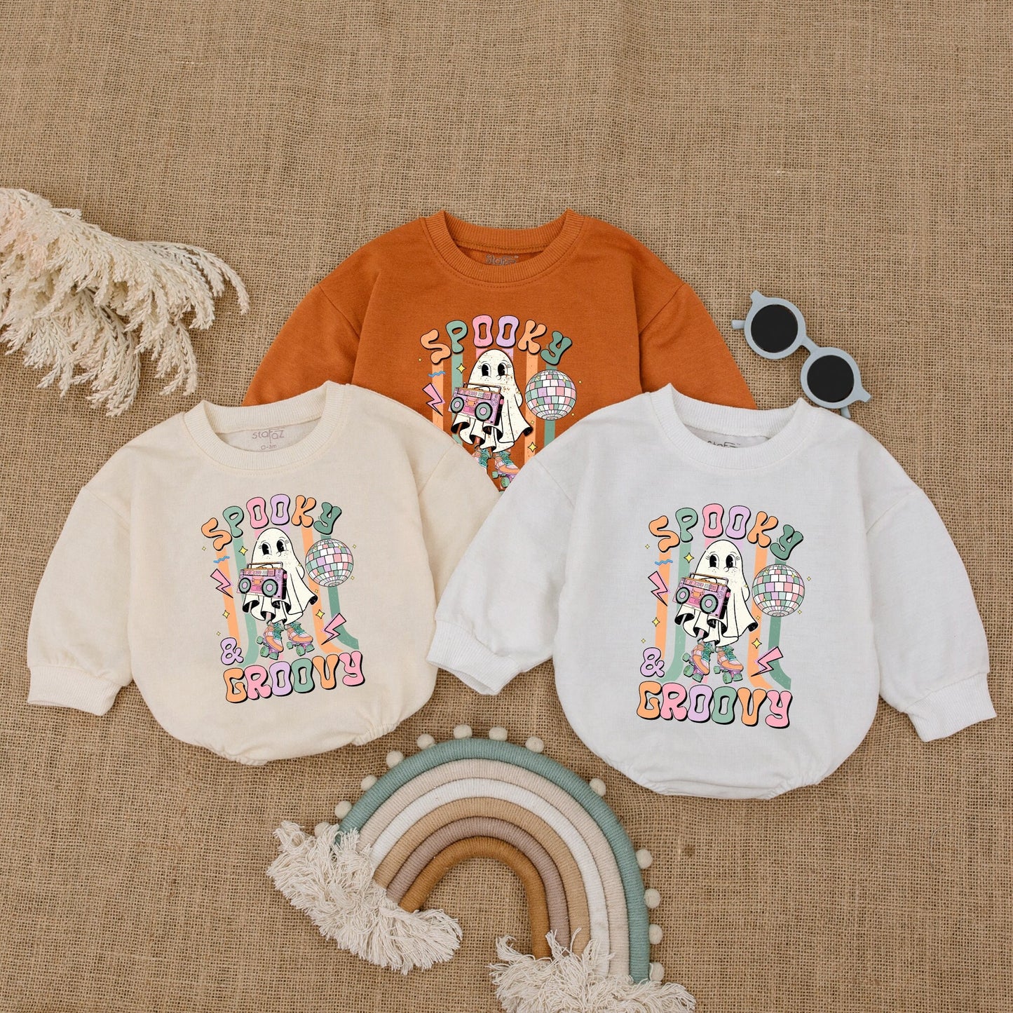 Spooky Groovy Baby Boy Bodysuit My First Halloween Outfit Retro Ghost Roller Skate Boombox Disco Ball Bubble Romper Pastel Vintage Costume