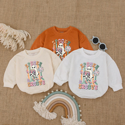 Spooky Groovy Baby Boy Bodysuit My First Halloween Outfit Retro Ghost Roller Skate Boombox Disco Ball Bubble Romper Pastel Vintage Costume