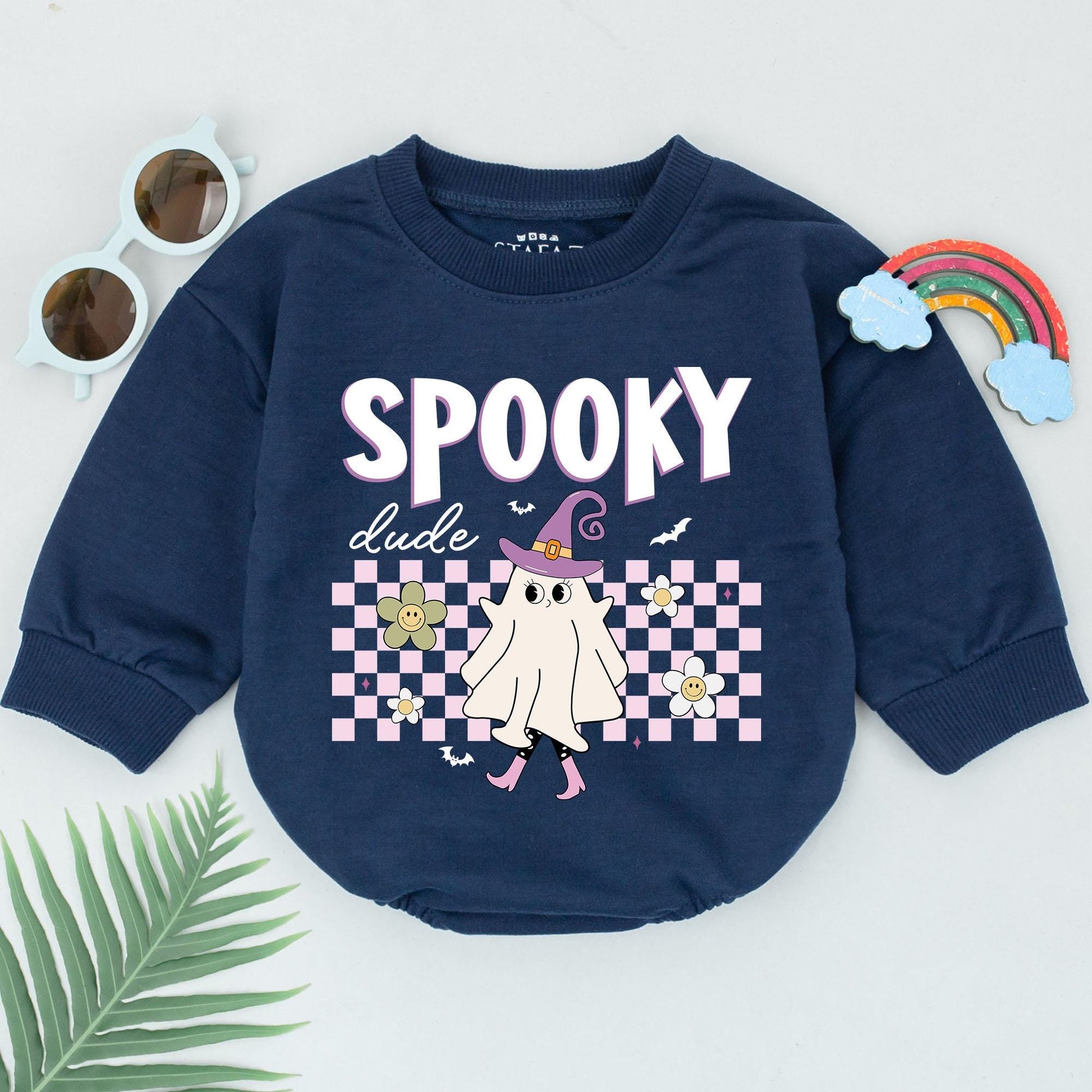 Spooky Dude Baby Romper First Halloween Cute Ghost Outfit Girls Boys Pink Retro Checkered Flowers Bats Whimsical Newborn Gift