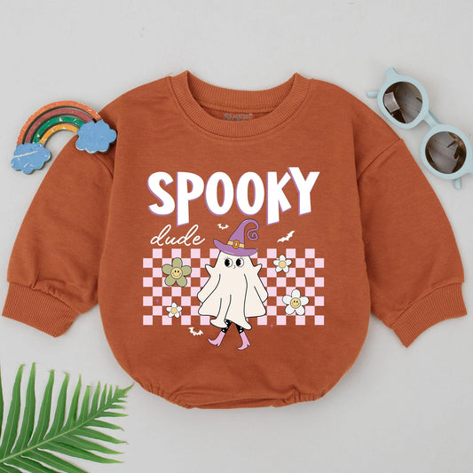 Spooky Dude Baby Romper First Halloween Cute Ghost Outfit Girls Boys Pink Retro Checkered Flowers Bats Whimsical Newborn Gift