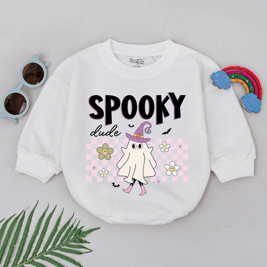 Spooky Dude Baby Romper First Halloween Cute Ghost Outfit Girls Boys Pink Retro Checkered Flowers Bats Whimsical Newborn Gift