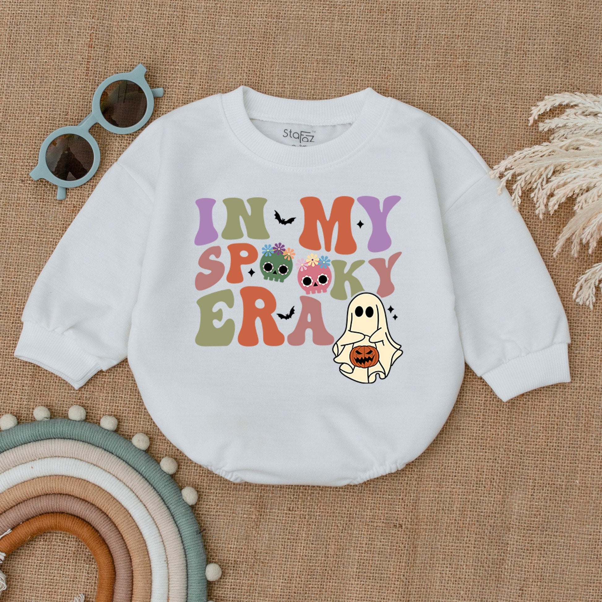 In My Spooky Era Retro Halloween Baby Bubble Romper First Outfit Whimsical Spooky Season Costume Ghost Pumpkin Skulls Bat Design Shower Gift