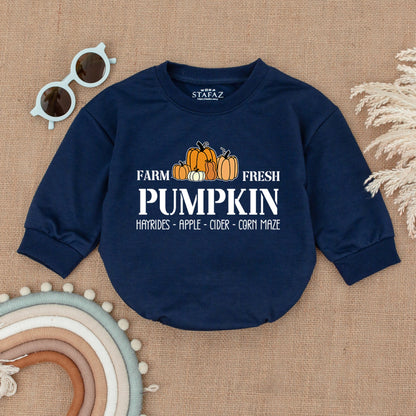 Farm Fresh Pumpkin Patch Romper, Groovy Fall Baby Outfit, Thanksgiving Bodysuit for Hayrides, Cider, Corn Maze, Cute Autumn Clothes for Baby  (138 chars)