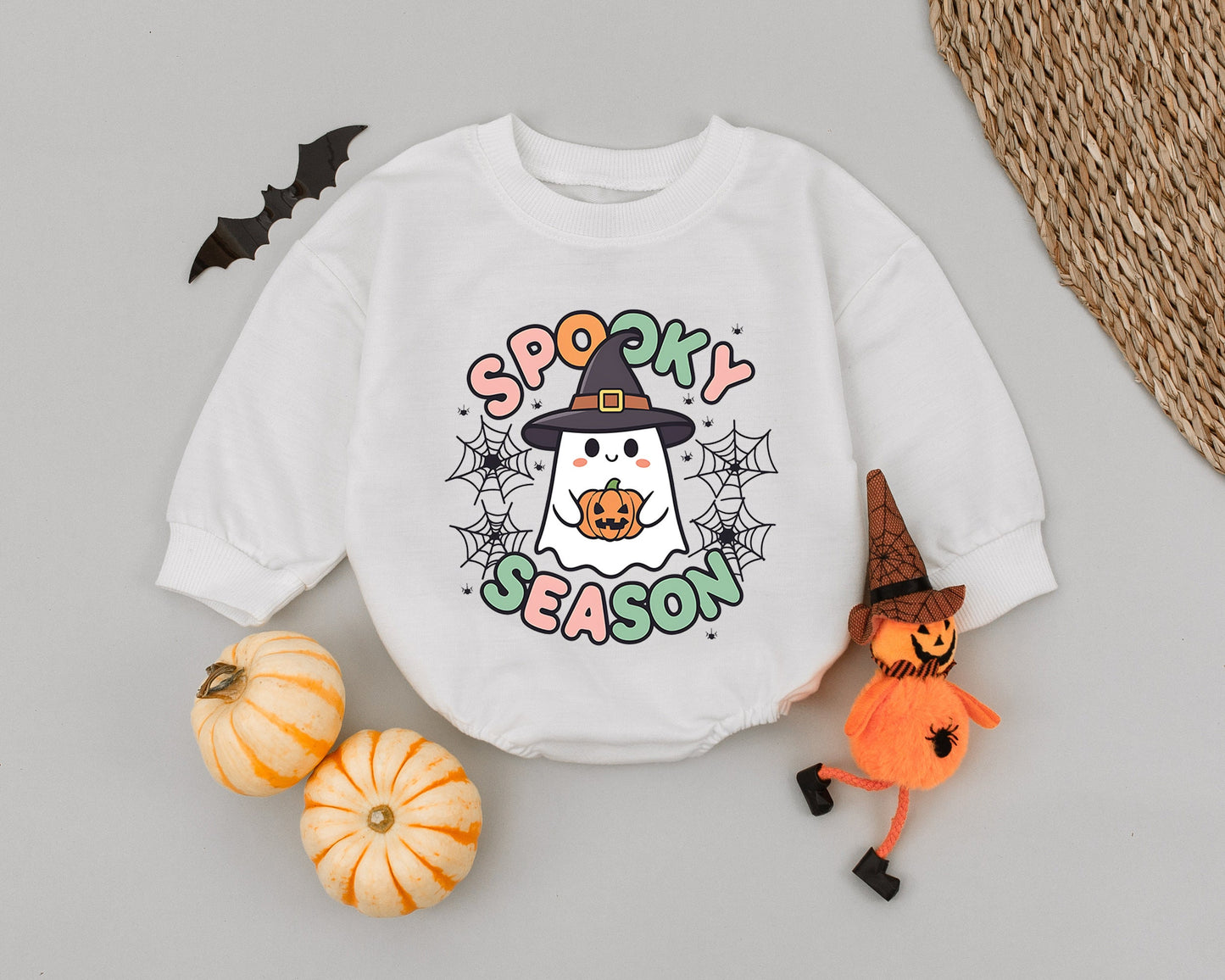 Spooky Season Ghost Romper: Cute Halloween Outfit for Baby Girl or Boy, Witch Hat and Pumpkin Design, Whimsical Fall Clothes, Newborn Costume, Spiderweb