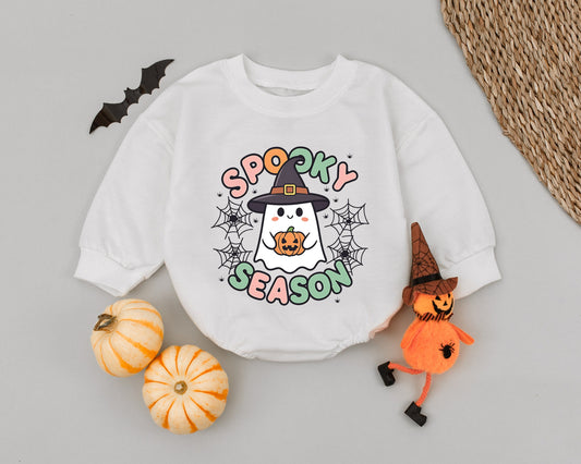 Spooky Season Ghost Romper: Cute Halloween Outfit for Baby Girl or Boy, Witch Hat and Pumpkin Design, Whimsical Fall Clothes, Newborn Costume, Spiderweb