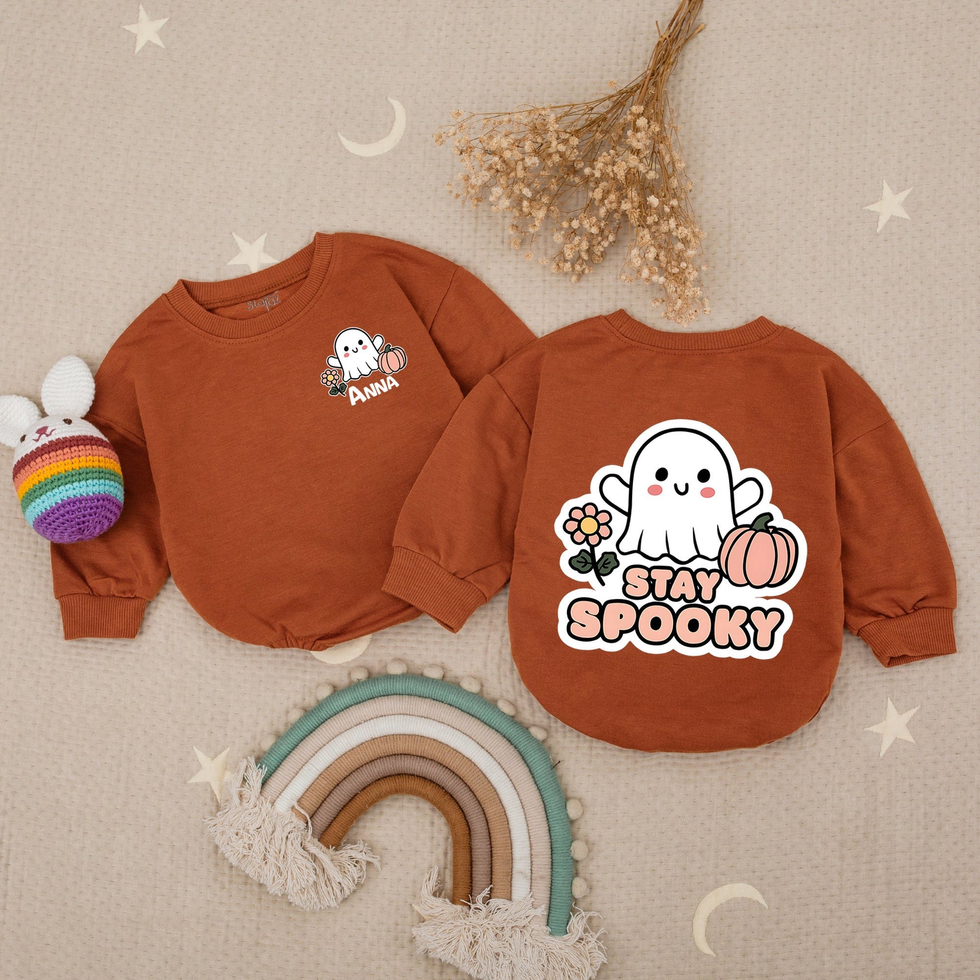 Personalized Anna & Stay Spooky Halloween Baby Romper, Cute Ghost & Pumpkin Design, Newborn, Toddler Girl & Boy Spooky Outfit, First Halloween