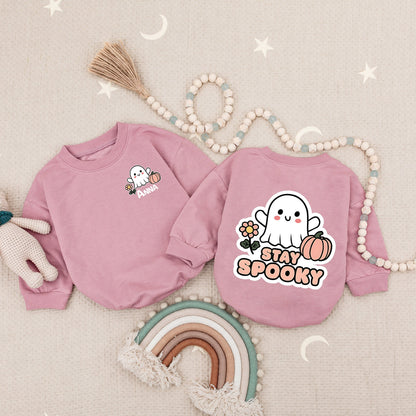 Personalized Anna & Stay Spooky Halloween Baby Romper, Cute Ghost & Pumpkin Design, Newborn, Toddler Girl & Boy Spooky Outfit, First Halloween