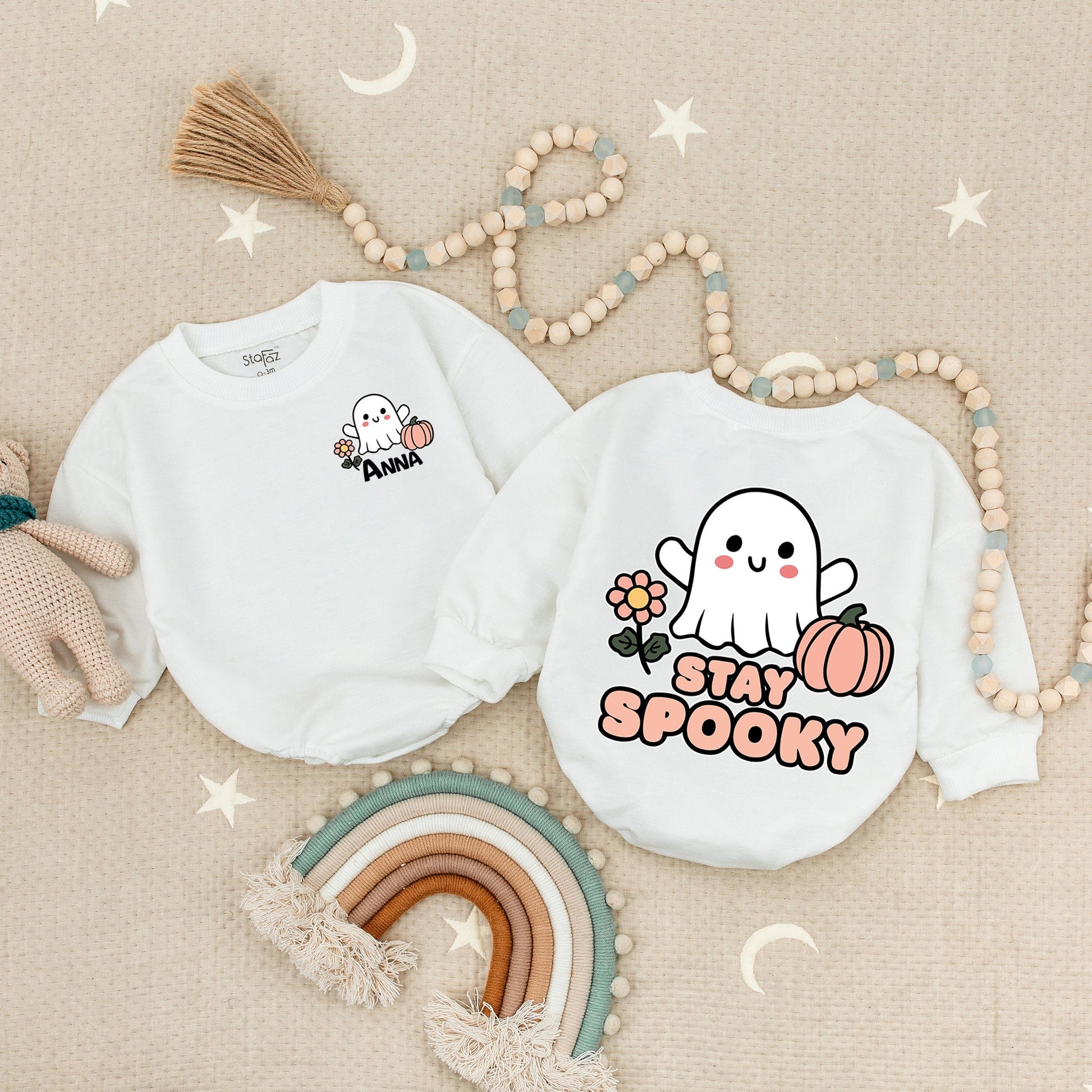 Personalized Anna & Stay Spooky Halloween Baby Romper, Cute Ghost & Pumpkin Design, Newborn, Toddler Girl & Boy Spooky Outfit, First Halloween