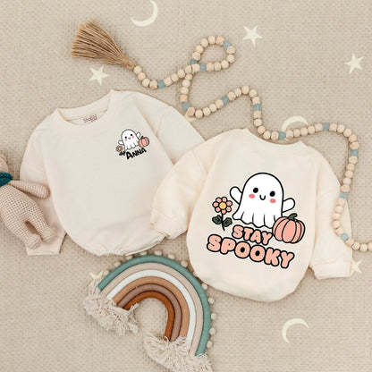 Personalized Anna & Stay Spooky Halloween Baby Romper, Cute Ghost & Pumpkin Design, Newborn, Toddler Girl & Boy Spooky Outfit, First Halloween