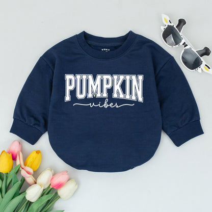 Pumpkin Vibes Baby Romper Natural Fall Harvest Bodysuit Cute Infant Outfit First Thanksgiving Gift Trendy Varsity Style Design