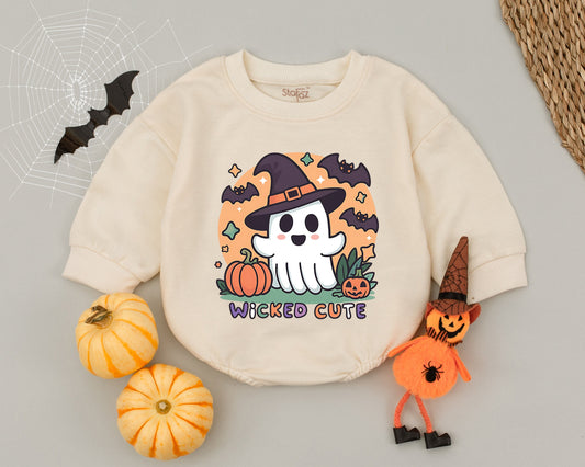Ghostly Cute "WICKED CUTE" Halloween Baby Romper Orange Purple Black White Festive Cartoon Ghost Witch Hat Bats Stars Pumpkins Toddler Newborn Outfit
