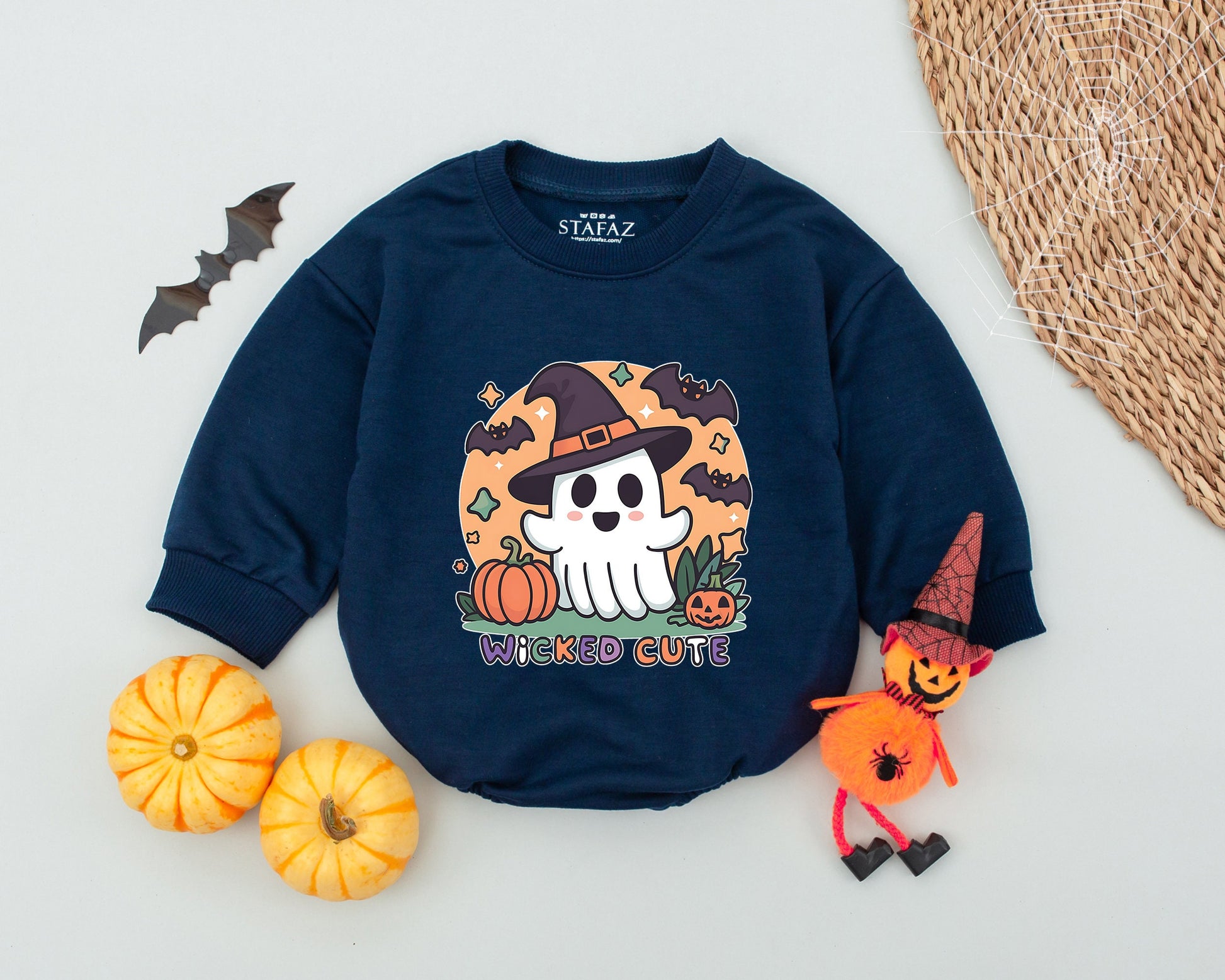 Ghostly Cute "WICKED CUTE" Halloween Baby Romper Orange Purple Black White Festive Cartoon Ghost Witch Hat Bats Stars Pumpkins Toddler Newborn Outfit