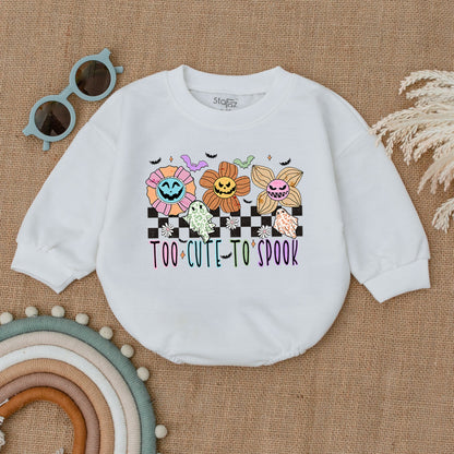 Baby Too Cute To Spook Halloween Bubble Romper My First Spooky Season Outfit with Playful Flowers, Ghosts, Bats & Checkered Print Bodysuit Gift