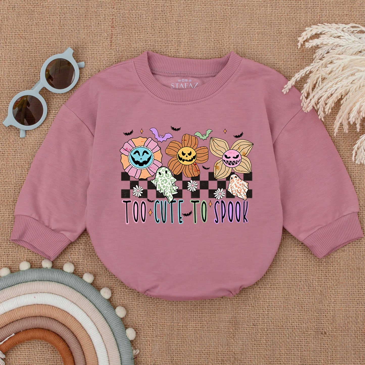 Baby Too Cute To Spook Halloween Bubble Romper My First Spooky Season Outfit with Playful Flowers, Ghosts, Bats & Checkered Print Bodysuit Gift